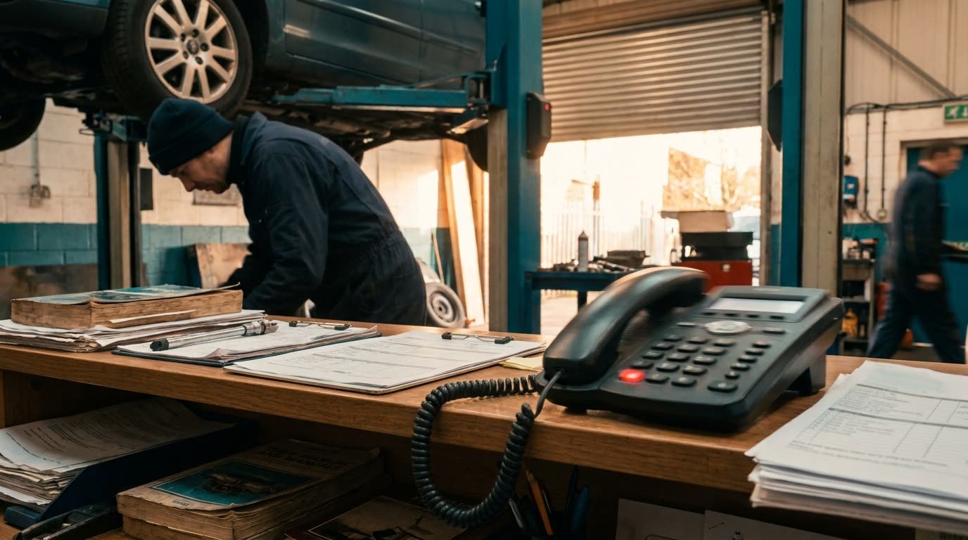Phone ringing unanswered on a UK garage reception desk while the mechanic works under a car
