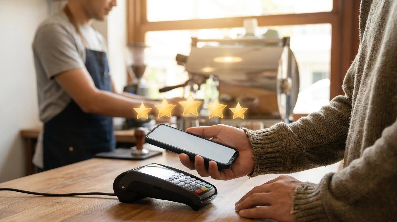 Customer leaving a five-star Google review on their phone at a small business counter