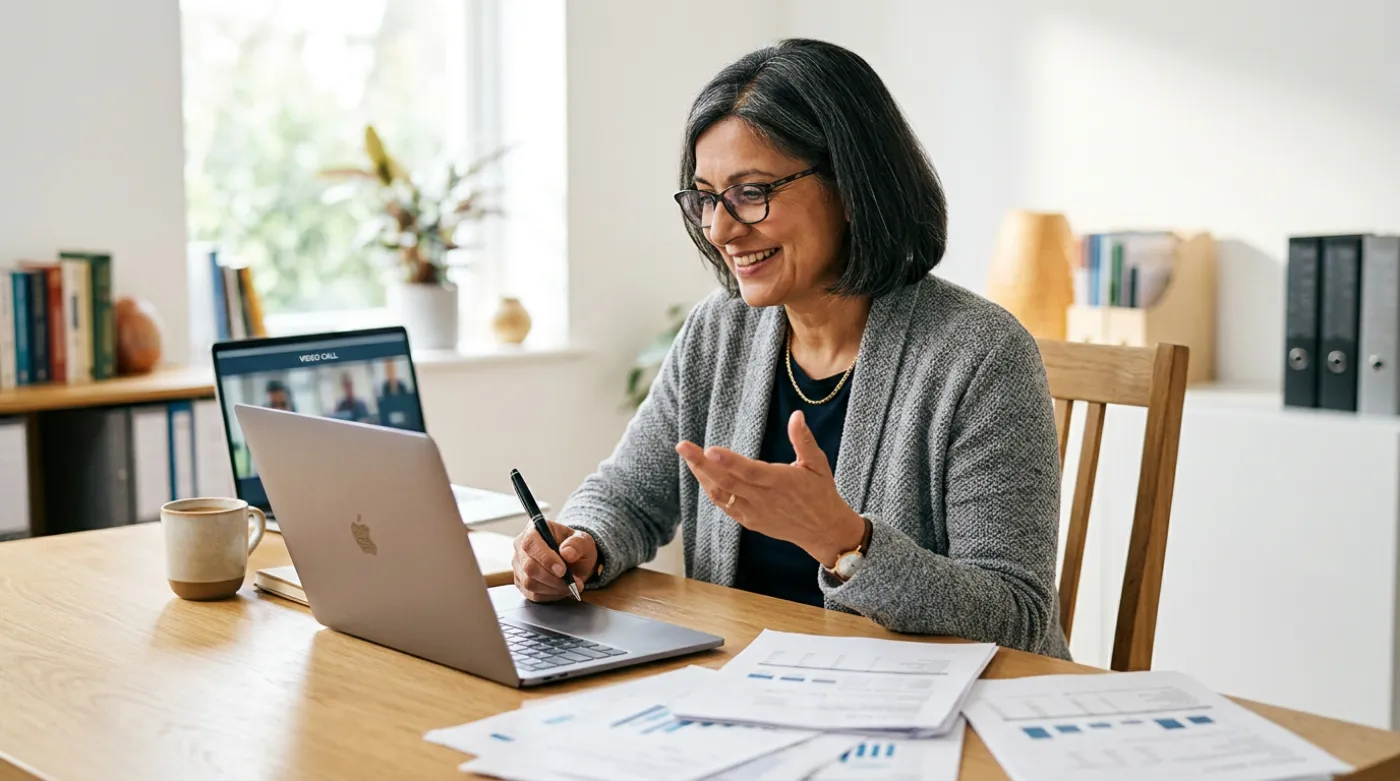 Accountant on a video call with a client, laptop and paperwork on the desk