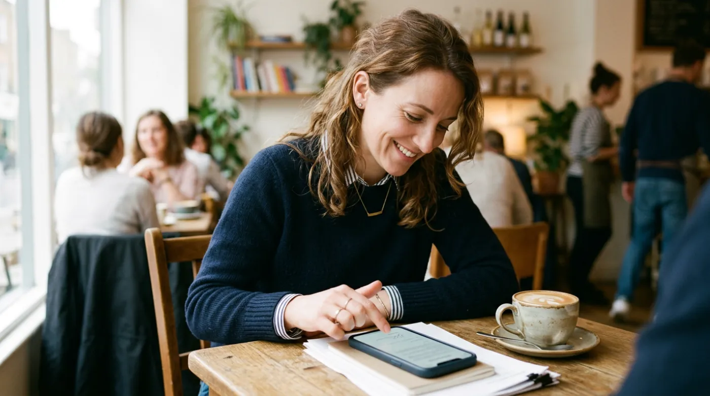 Business owner signing an engagement letter on a phone in a café