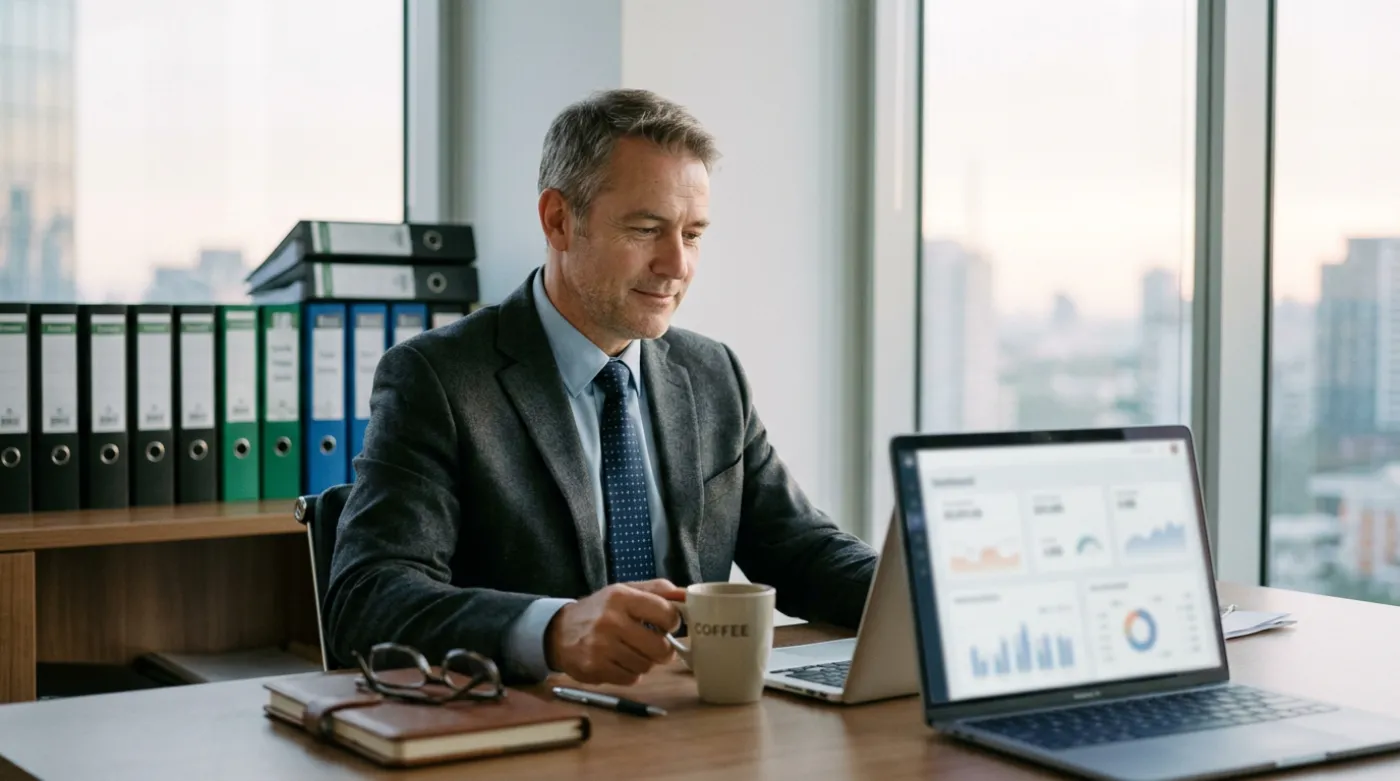 Practice partner reviewing the practice dashboard on a laptop in a quiet office