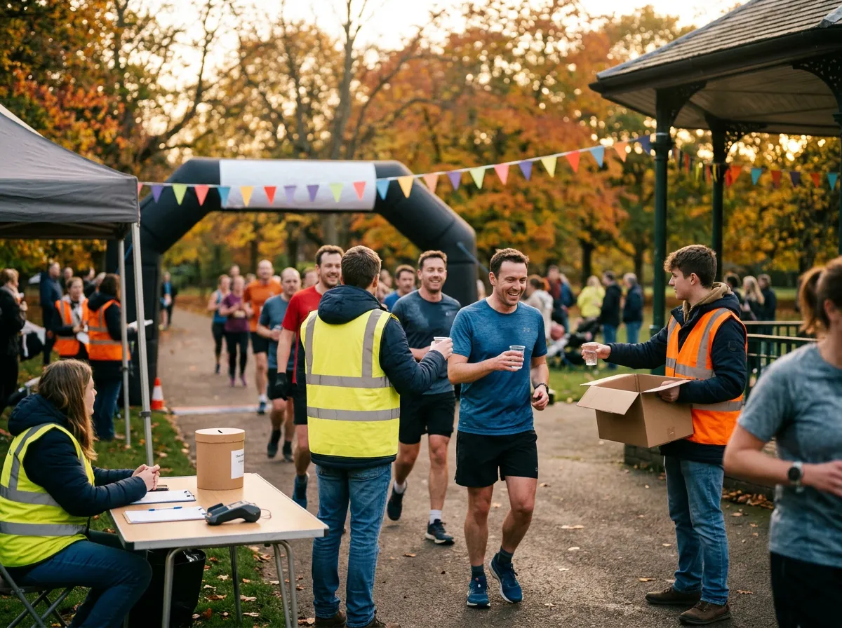 Volunteers handing water to runners at a charity fun-run finish line