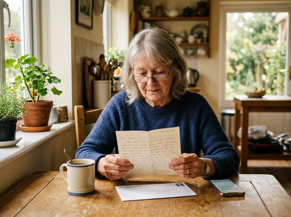 Older supporter reading a thank-you letter at her kitchen table