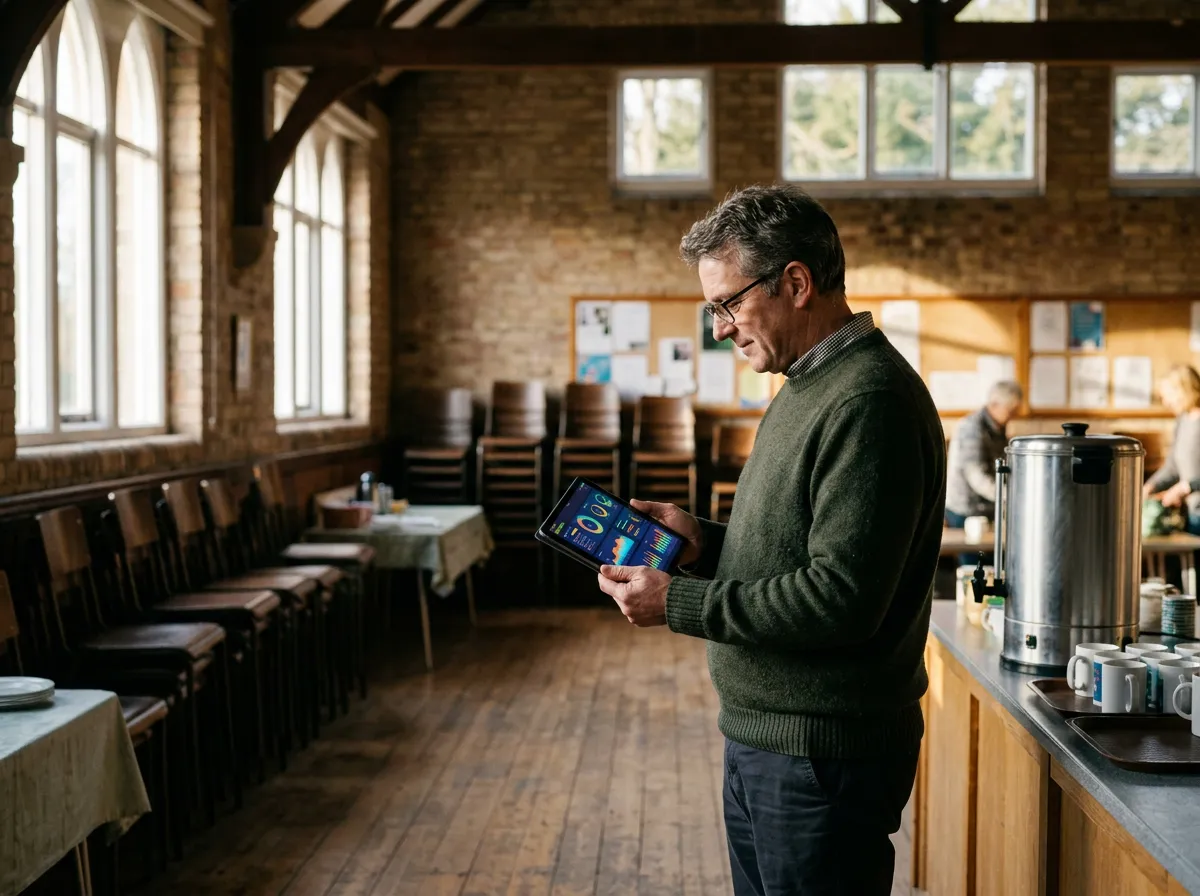 Charity trustee reading a dashboard on a tablet in a community hall