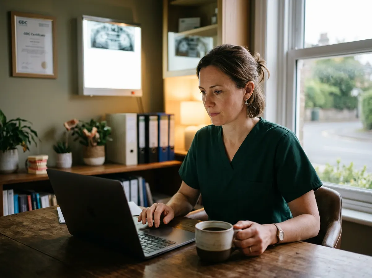 Principal dentist reviewing practice numbers on a laptop before opening