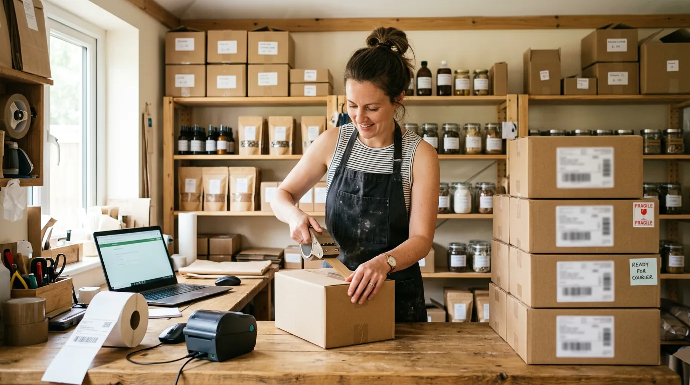 Small online shop founder packing orders at a bench with a laptop and label printer