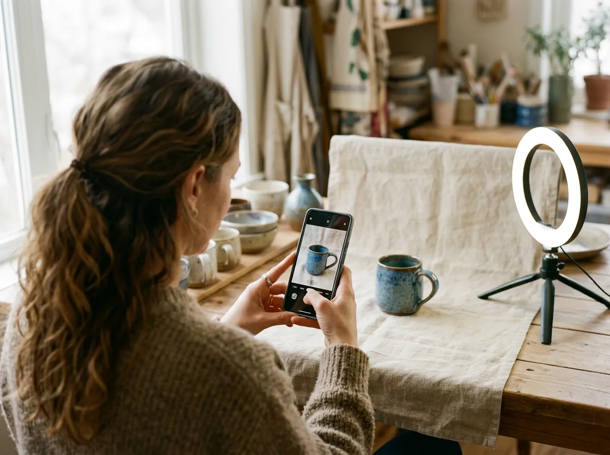 Shop owner photographing a handmade mug on a linen backdrop with a phone