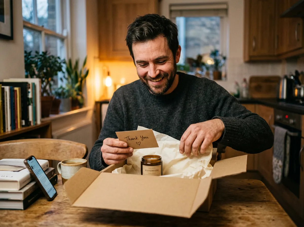 Customer opening a kraft parcel at a kitchen table with a thank-you card inside