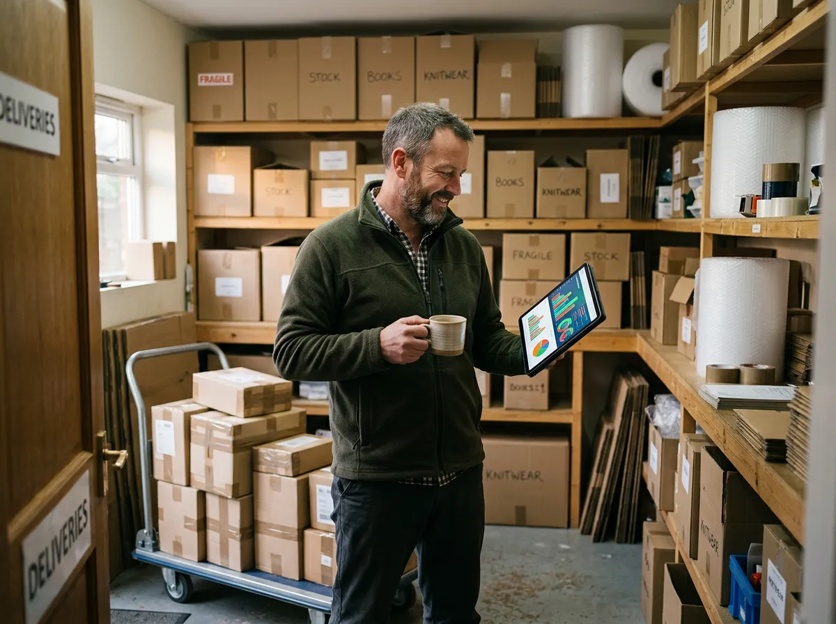 Online shop owner reading a sales dashboard on a tablet in a small stockroom