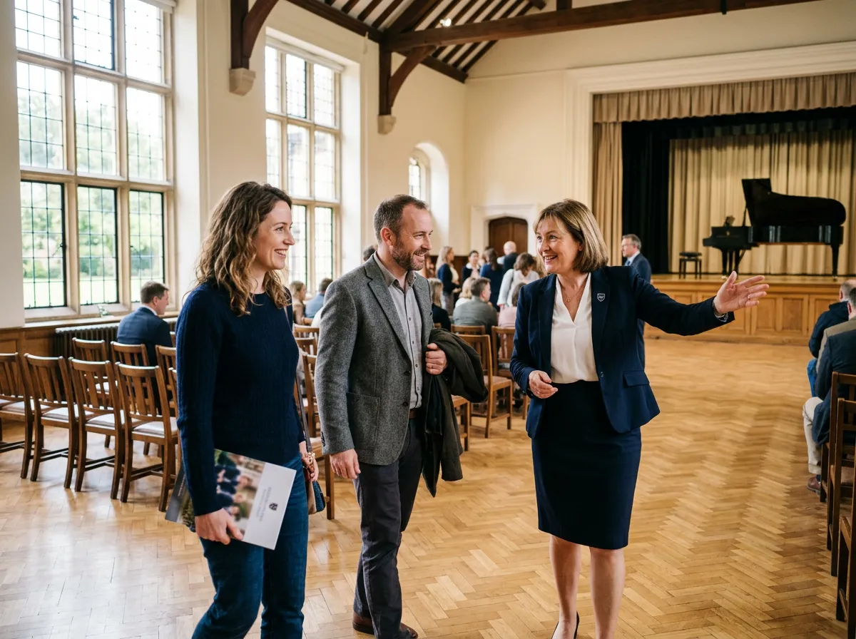 Staff guide showing prospective parents around a school hall on an open day