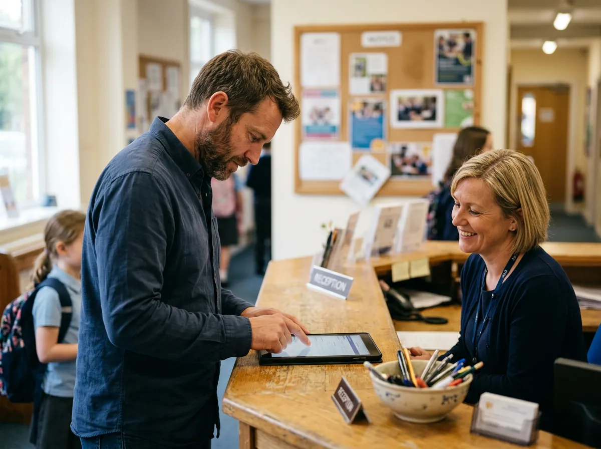Parent signing a school registration form on a tablet at reception