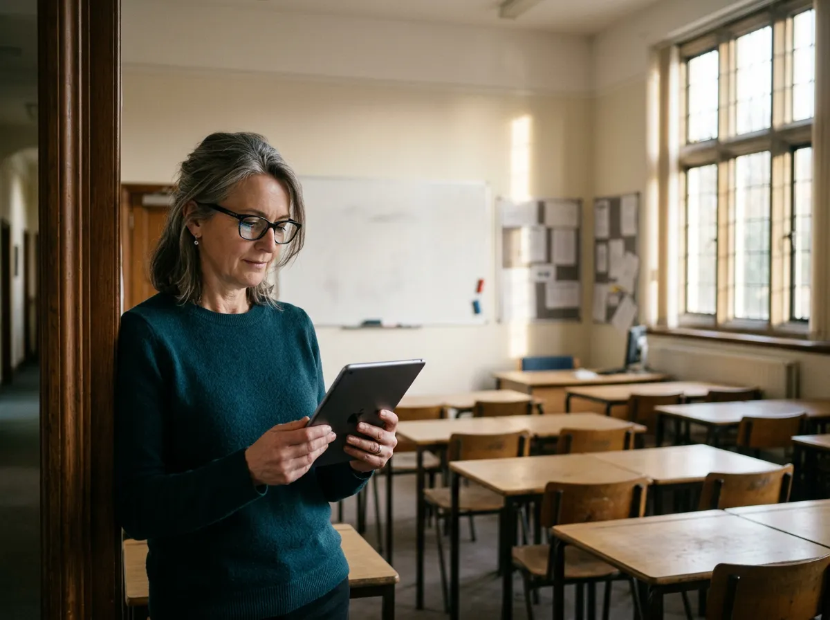 Head of a tuition centre reading the admissions dashboard on a tablet in an empty classroom