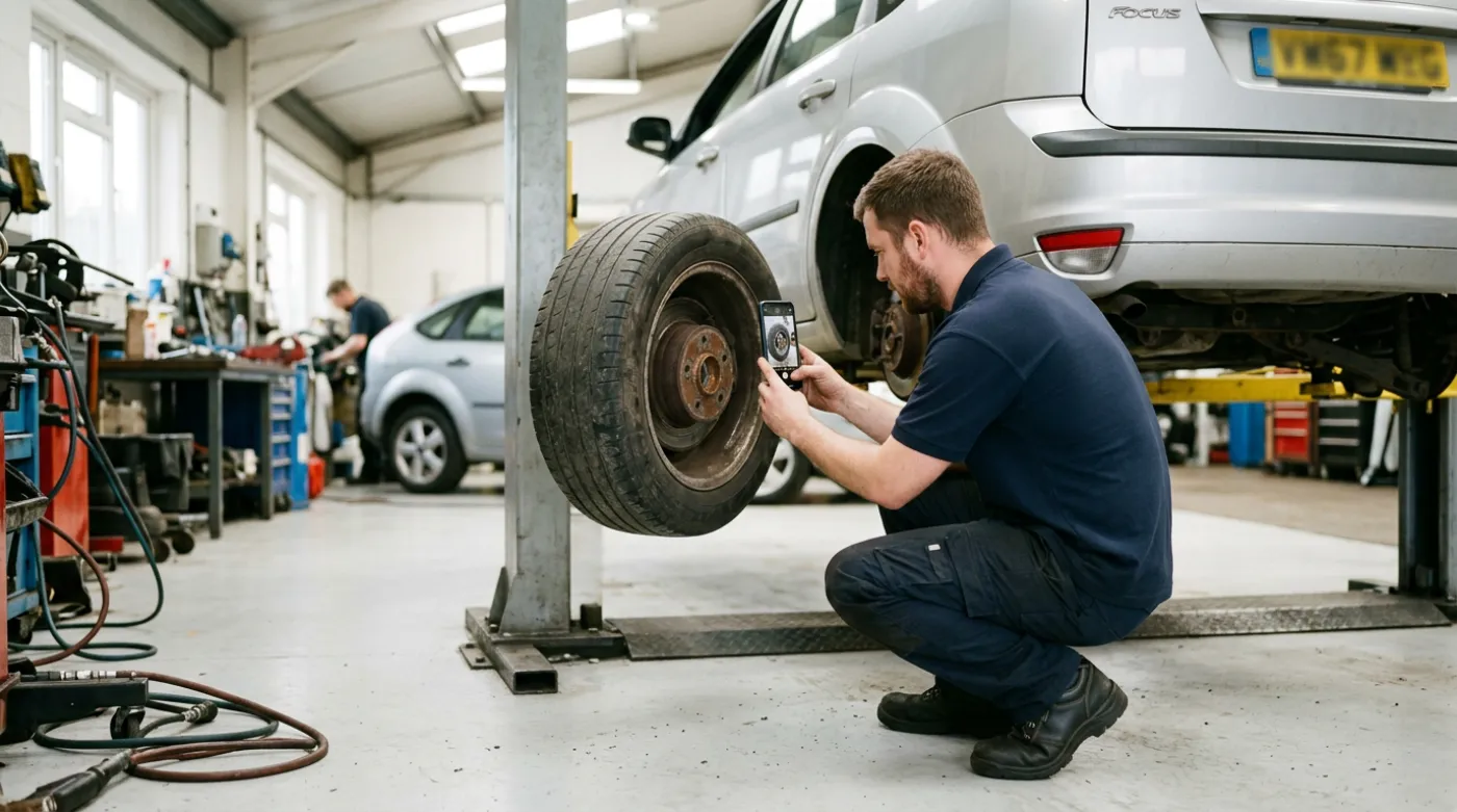 Technician photographing a worn brake disc for a digital health check