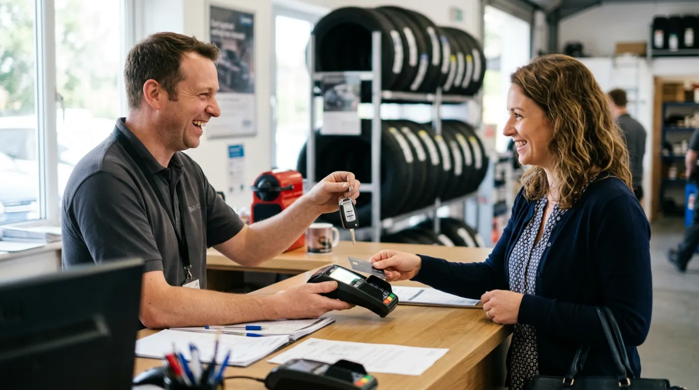 Customer collecting keys and paying by card at a garage reception