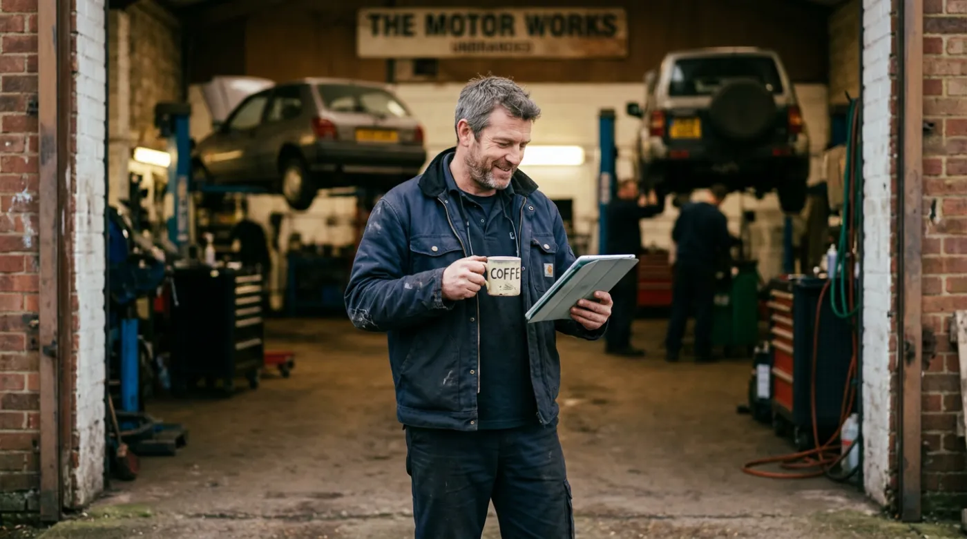 Garage owner checking the workshop board on a tablet in the morning