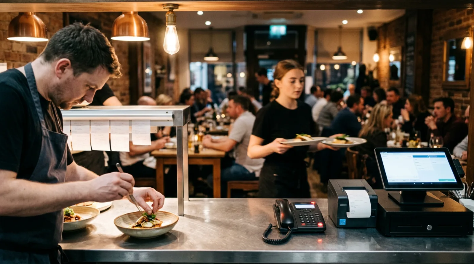 Busy restaurant pass during Friday service with a tablet till and an unanswered phone at the counter