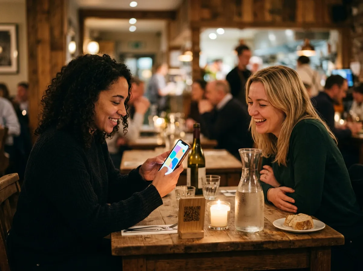 Two guests scanning a QR code stand at a restaurant table to order on a phone