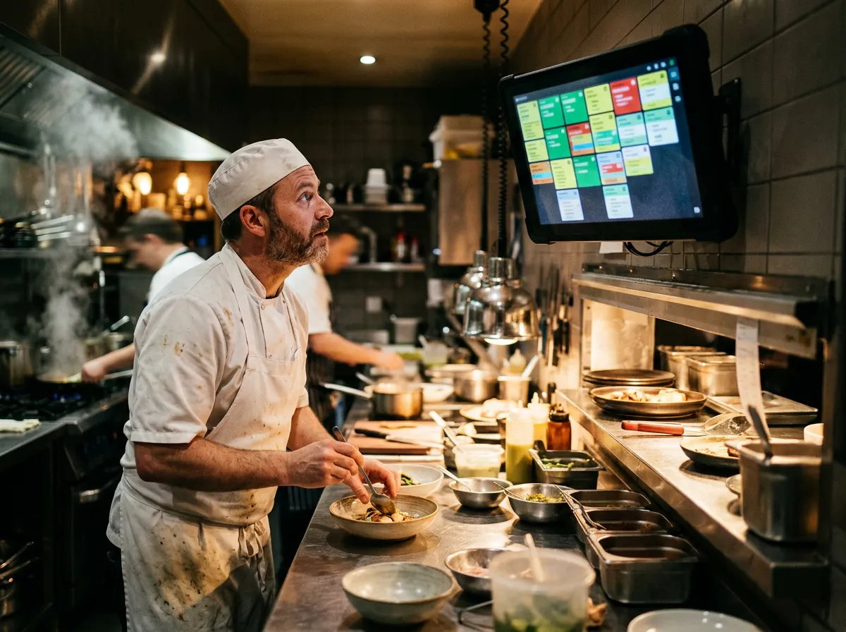 Chef at the pass glancing at a kitchen display screen with colour-coded order tiles