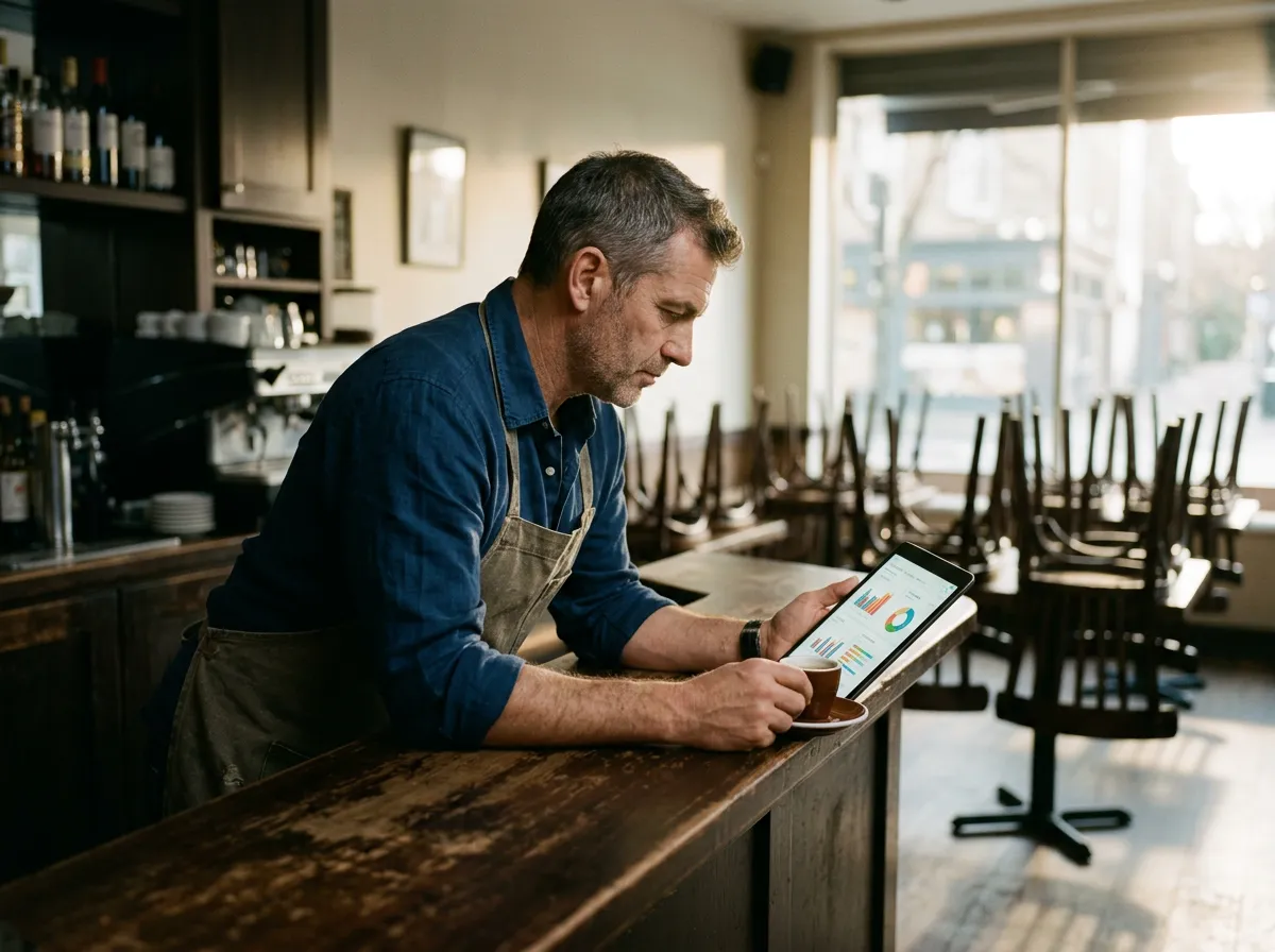 Restaurant owner reading a sales dashboard on a tablet at the bar before opening