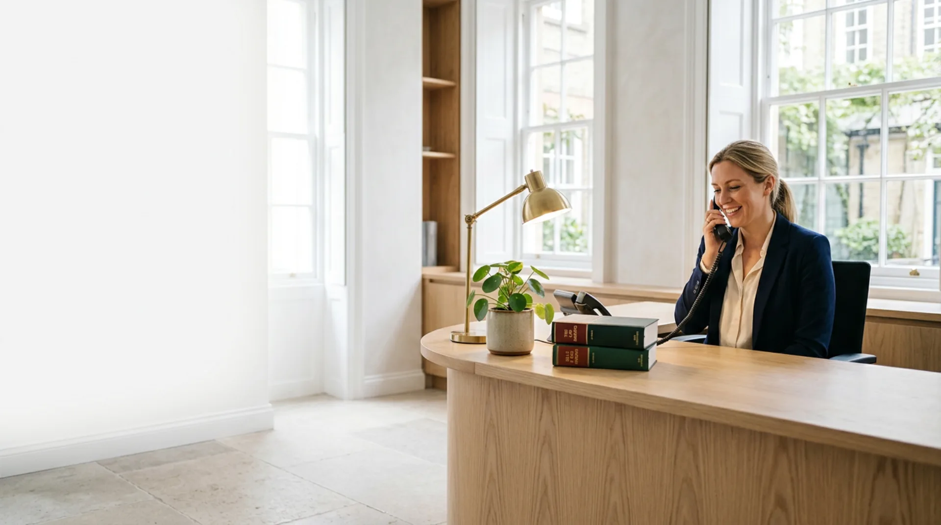 Reception of a modern UK law firm, receptionist taking a call