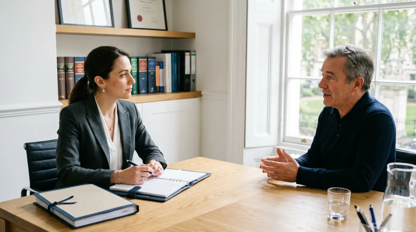 Solicitor in a meeting with a client while the phone rings at reception