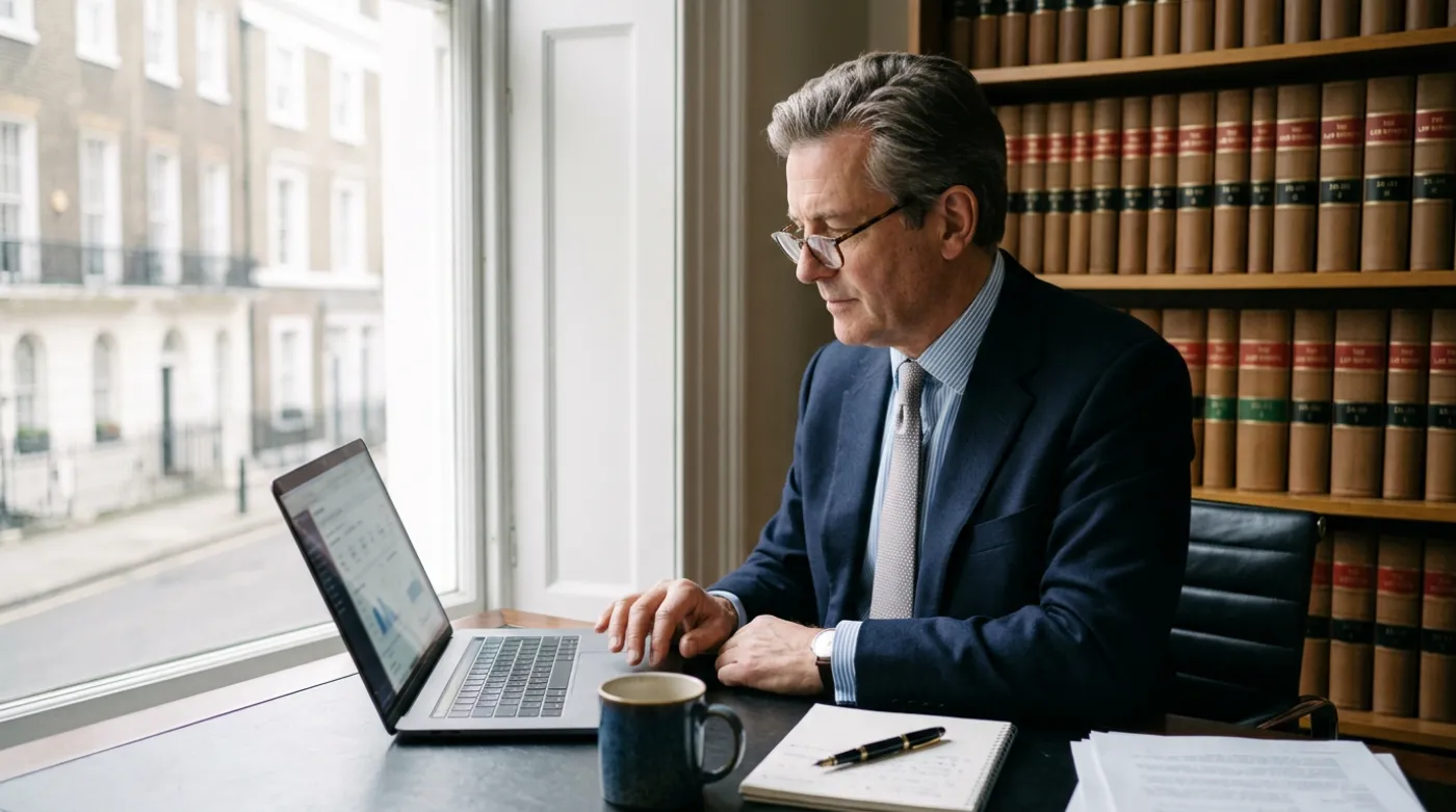 Partner reviewing practice-area figures on a laptop in a quiet office