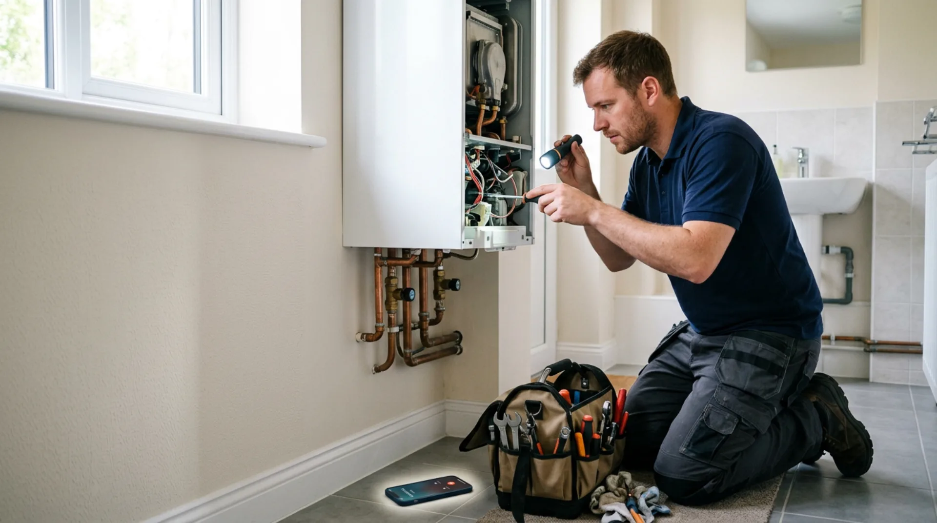 Heating engineer working on a boiler while his phone rings on the floor