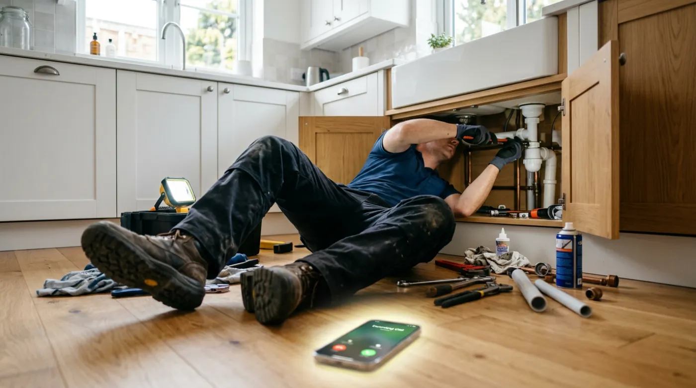 Plumber under a kitchen sink while his phone rings on the floor