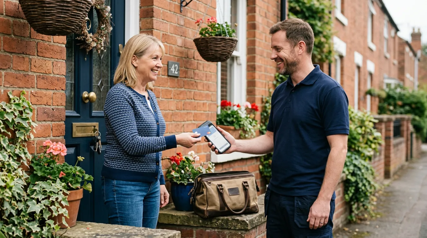 Homeowner tapping a card on an engineer's phone at the front door
