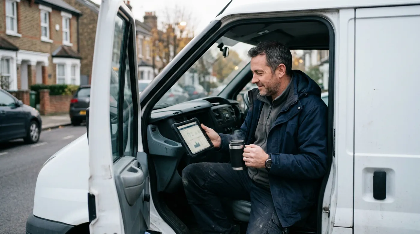 Owner of a plumbing firm checking the day's board on a tablet in the van